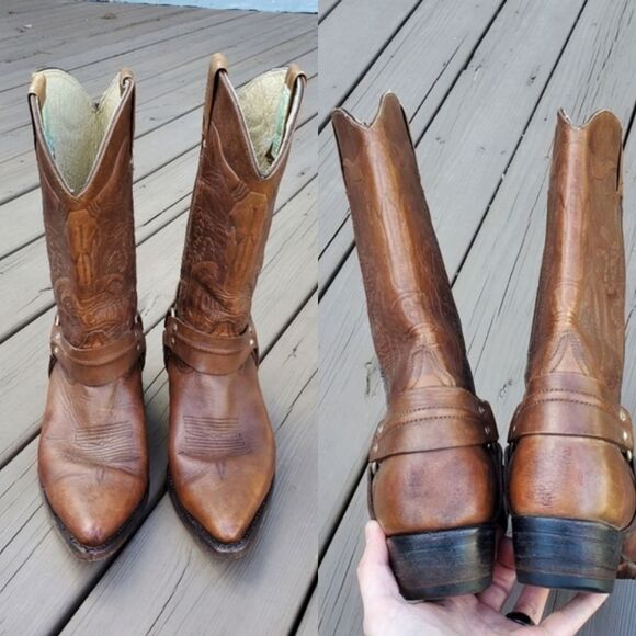 Vintage 90s y2k Handmade Brown Leather Tooled Mexico Western Cowboy Harness Boot - Picture 4 of 9